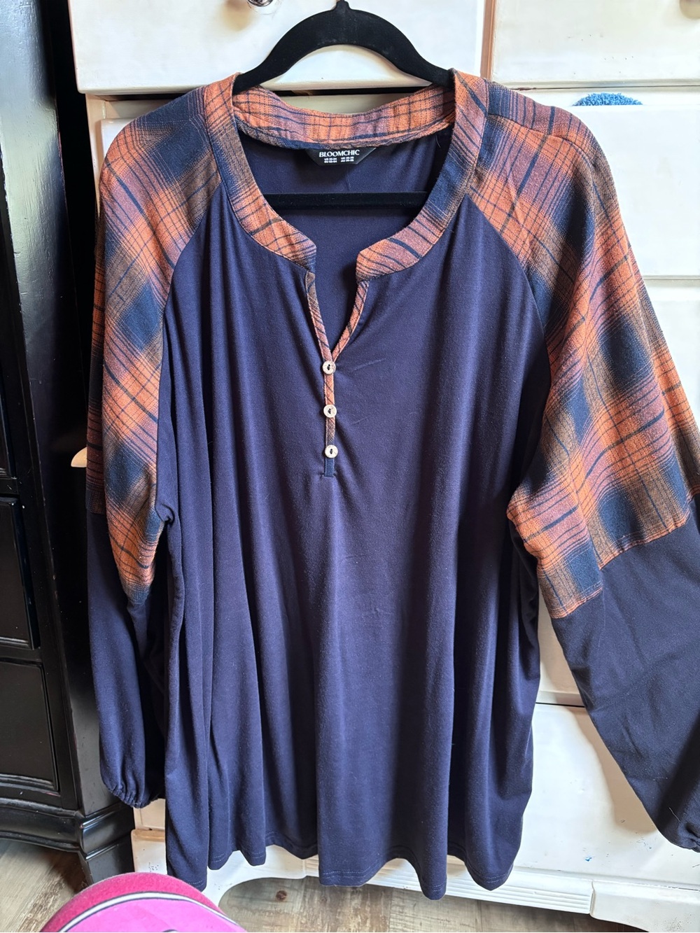 BloomChic Navy Tunic with Orange Plaid Raglan Sleeves
